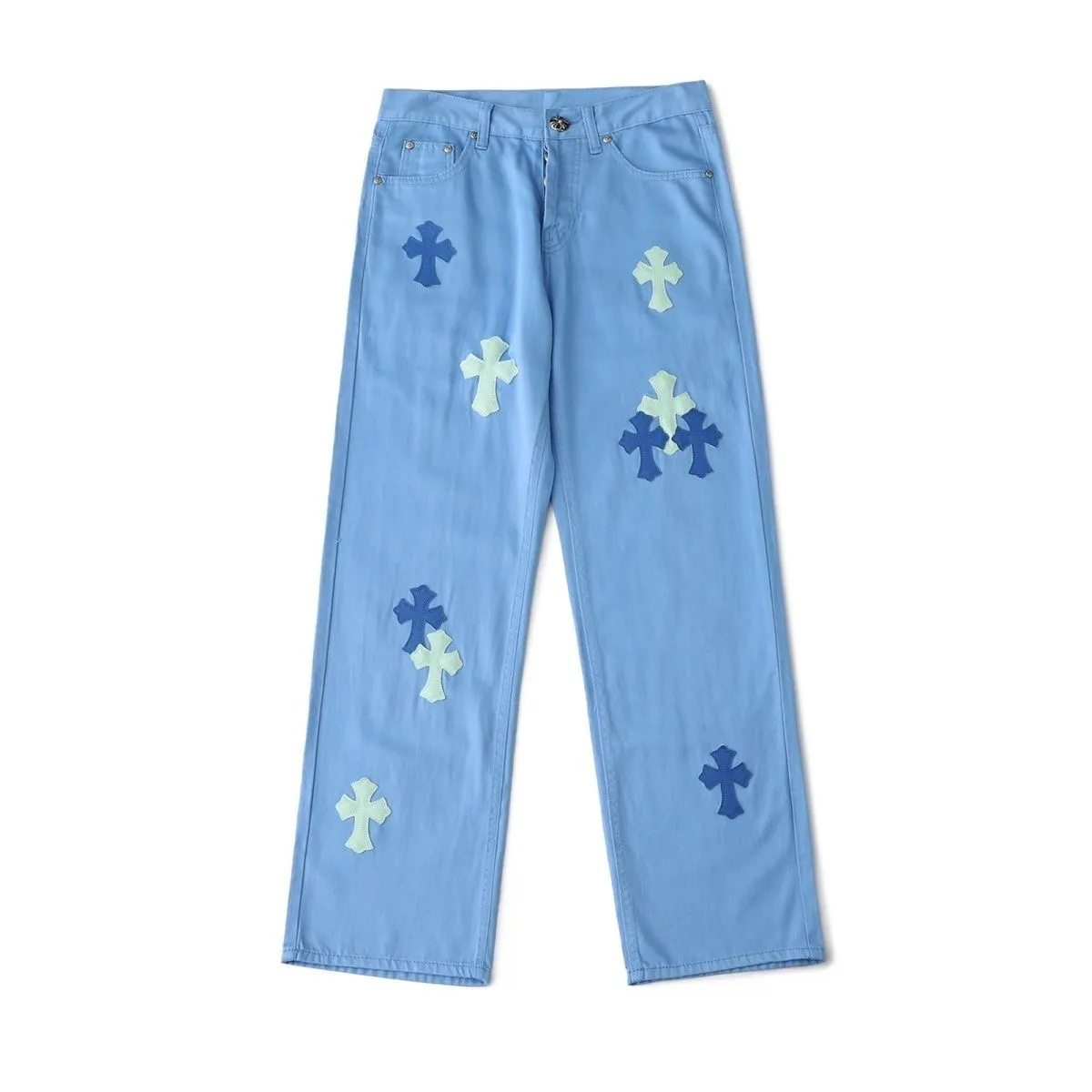P270 💰 (Top version) CHROME HEARTS 25ss dopamine light blue cross-over leather washed jeans - Full of exploring the ultimate in fashion, Chrome Hearts' new Chrome Hearts pants not only present a unique style, the fresh ice blue color looks particularly youthful and energetic. The mid-high waist design is paired with a lazy and casual style, which not only shows long legs but also maintains a casual feel. It is a must-have fashion choice for trendy men and trendy women. Color: Dopamine light blue Size: 28-30-32-34 (corresponds to S-M-L-XL)